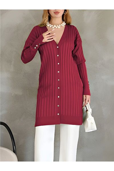 Modamorfo Metal Buttoned Slit Sweater Cardigan -Red