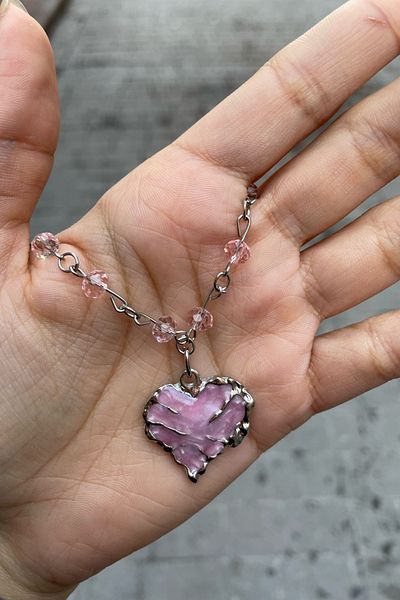 Köstebek Pink Stone Heart Silver Necklace