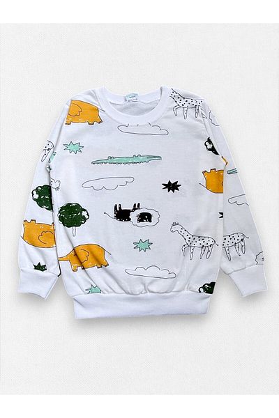 Fil Kids Boy's Cotton White Safari Lion Elephant Print Long Sleeve Seasonal Pajamas Set