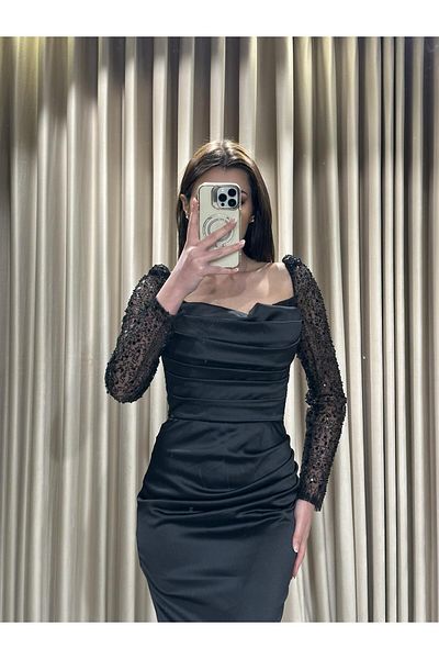 Kaleiçi Yıldızlar Rochie de seară cu mânecă lungă, brodata cu paiete negre, detaliată, 8140