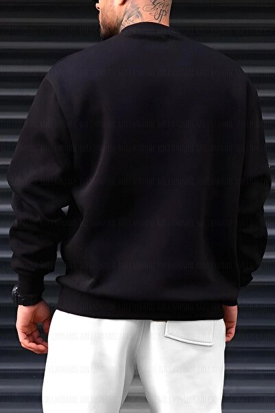 HOFFNUNG Men's Black Dreamer Printed 0 Crew Neck Oversize Loose Loose Fit Fleece Sweatshirt