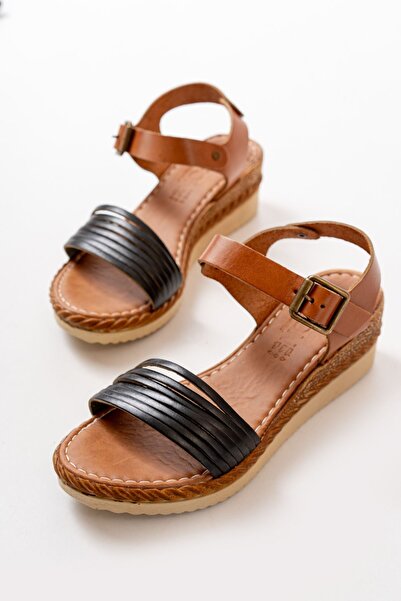 İnfon Ayakkabı Marketi 731-07 صندل نسائي من الجلد الطبيعي باللون الأسود