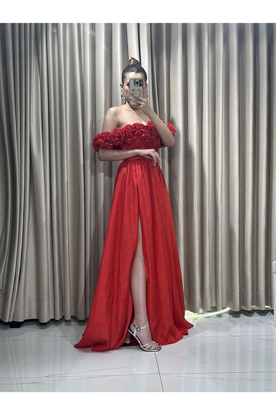 Kaleiçi Yıldızlar Βραδινό φόρεμα Red Flower Λεπτομερές ύφασμα ταφτά Kiloş 5354