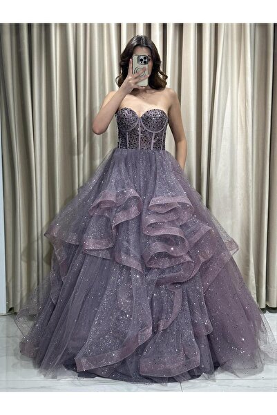 Kaleiçi Yıldızlar Lavanta Straplez Prenses Etek Üstü İncili Tül Abiye Elbise YY23102