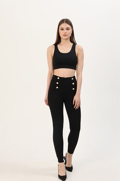 Grenj Fashion Gold Button Front Stitching Detailed High Waist Steel Knitted Interlock Leggings