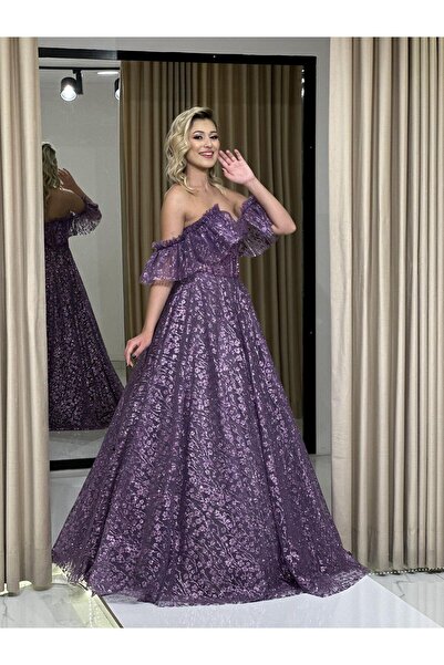 Kaleiçi Yıldızlar Lavanta Volan Kollu Taş İşlemeli Simli Nişanlık Abiye Elbise |