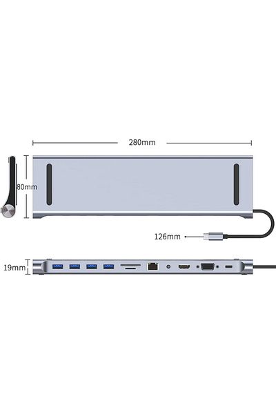 COOYA 11-IN-1 Type C Dock USB C Hub, 3.0 Splitter Multiport Adapter 4K HDMI RJ45 SD/TF VGA HDMI PD, Gray