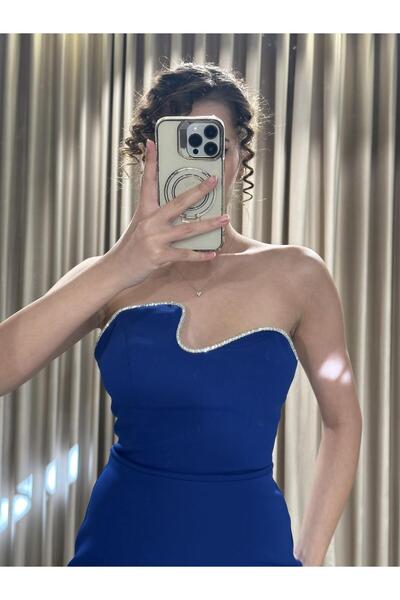 Kaleiçi Yıldızlar Saks Midi Boy Balık Model Krep Kumaş Yakası Taş İşlemeli Abiye Elbise HT8410