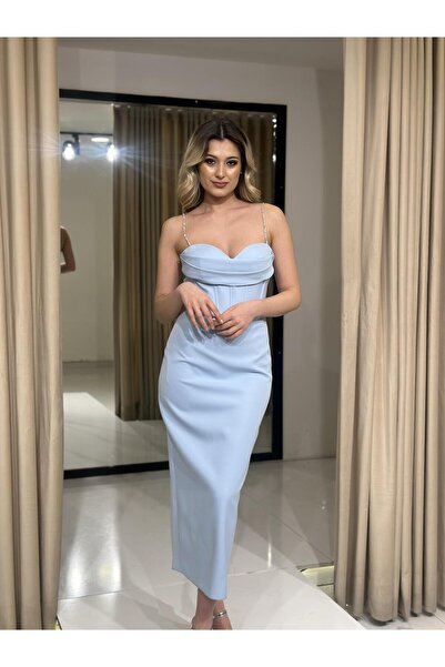 Kaleiçi Yıldızlar Mavi Önü Korseli Taş İp Askılı Abiye Elbise 8399