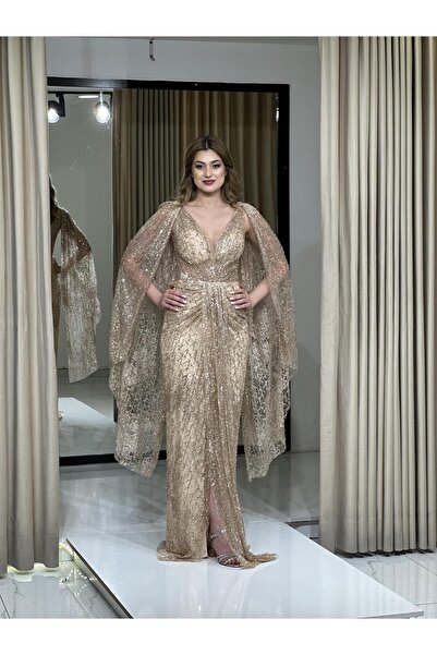 Kaleiçi Yıldızlar Gold Simli Payetli Balık Önü Kolları Pelerin Detaylı Abiye ...
