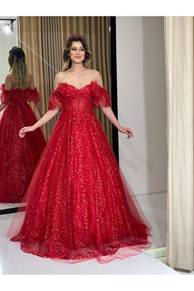 Kaleiçi Yıldızlar Kırmızı Volan Kollu Taş İşlemeli Eteği Simli Yeni Sezon Niş...