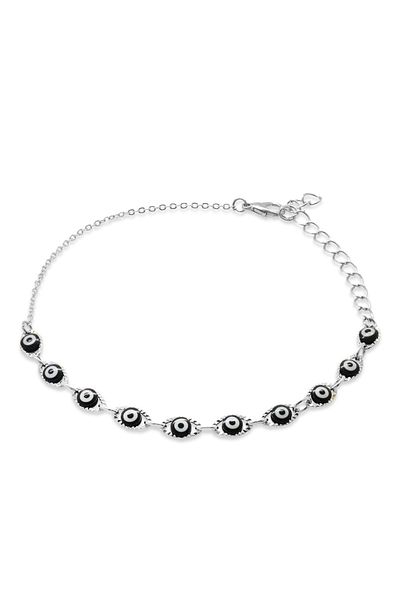 Tesbihane Dark Blue Enameled Evil Eye Bead Detailed Anklet with Metal Chain