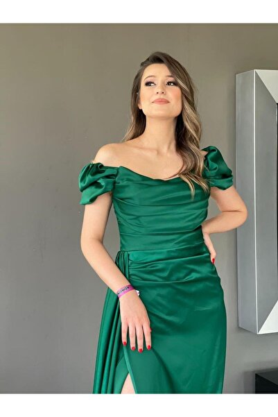 Kaleiçi Yıldızlar Kayık Yaka Düşük Kol Önü Drapeli Yırtmaçlı Yandan Pelerinli Balık  Abiye En4858 4858