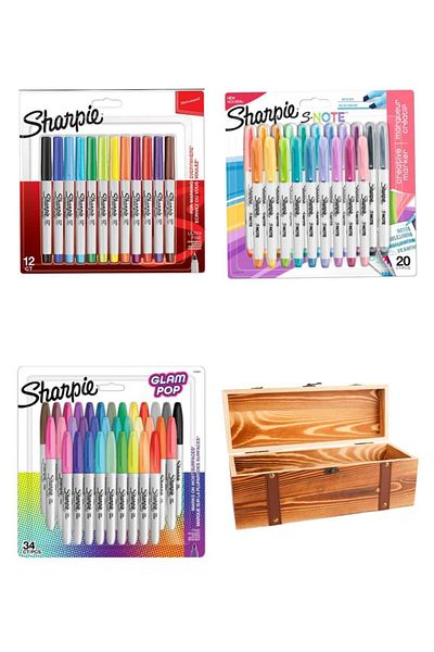 Sharpie Sharpi̇e Marker Felt Pen 3Set Set-34 Glampop-12 Fine Fine-20 Snote-Wooden Case Container