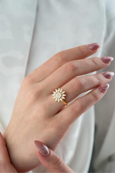 Nereze 925 Ayar Gümüş Ayarlanabilir Gold Kaplama Mekik Taşlı Manolya Çiçeği Yüzük