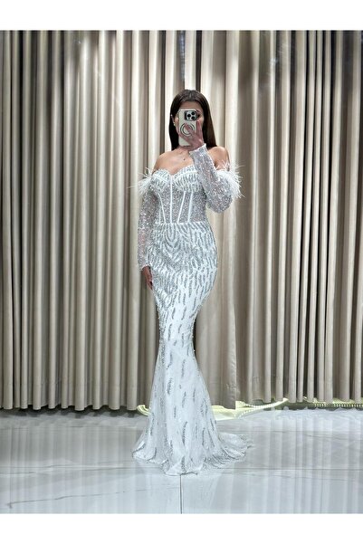 Kaleiçi Yıldızlar Beyaz Taş Sim Baskılı Balık Otrişli Straplez Kollu Abiye Elbise DSE685