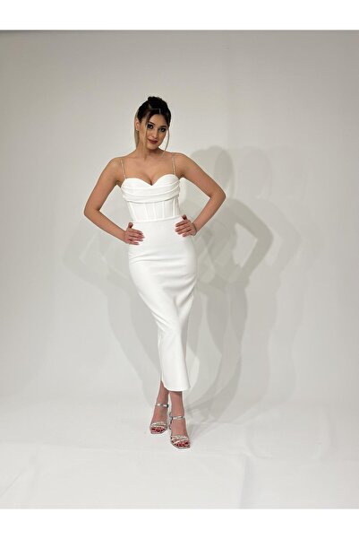 Kaleiçi Yıldızlar Beyaz Önü Korseli Taş İp Askılı Abiye Elbise |