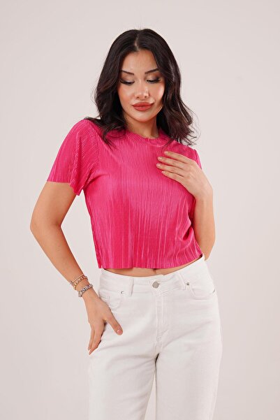 Hipo Trend بلوزة فوشيا لامعة بأكمام قصيرة مطوي