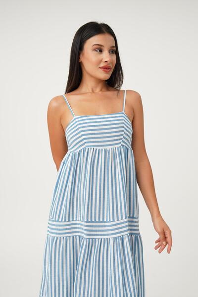 Hipo Trend Rochie lungă, lejeră, cu dungi albastre, cu bretele subțiri