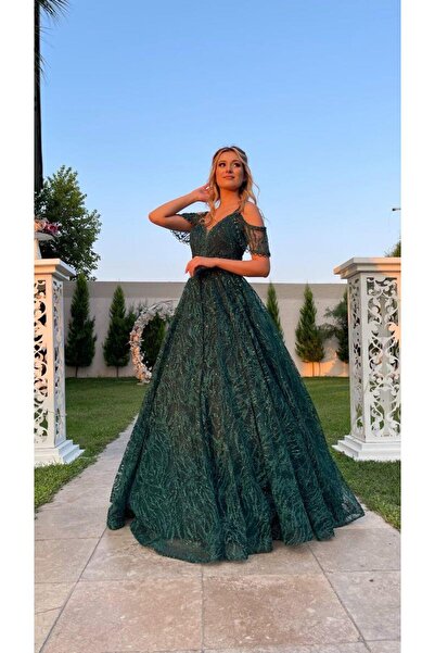 Kaleiçi Yıldızlar Zümrüt Yeşili İp Askılı Beli Taş İşleme Kemerli V Yaka Kiloş Yeni Sezon Abiye Elbise Le661 661