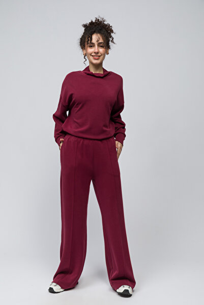 Dexia Molise - Comfortable Fit Front Line Ribbed Stitching Elastic Waist Modal Trousers - Burgundy Color