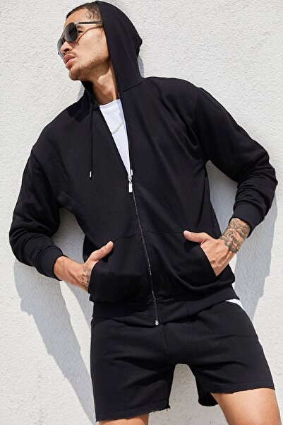 HOFFNUNG Black Zippered Hooded Men's Sweatshirt