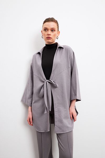 Yefrastore Gray Flam Linen Kimono Shirt