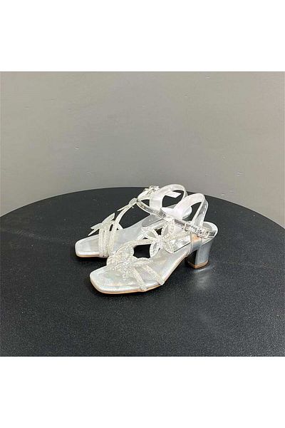 jadeer Mini Angel Fete Pantofi cu toc cu fluturi argintii 31-36 K-07