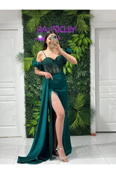 Kaleiçi Yıldızlar Zümrüt Yeşili İp Askılı Önü Yırtmaç Detaylı Transparan Bonc...