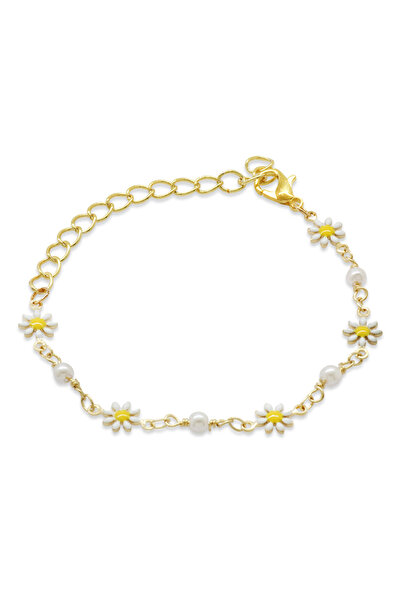 Tesbihane Gold Renk Metal Zincirli İnci Süslemeli Kır Çiçeği Detaylı Kadın Bileklik
