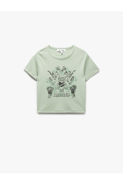 Koton Printed Short Sleeve Cotton Crew Neck Crop T-Shirt