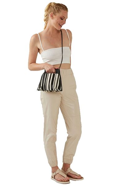 Deriderim Beige Women's High Waist Genuine Leather Trousers with Elastic Waist and Pocket