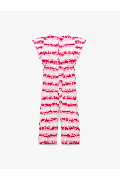Koton Butterfly Sleeve Ribbon Detailed Tie-Dye Patterned Long Jumpsuit