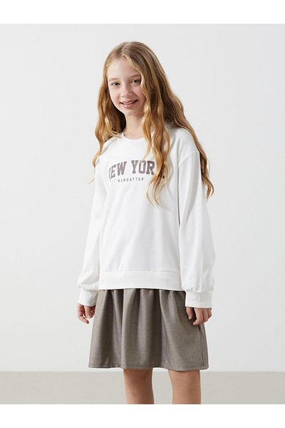 LC Waikiki Lcw Kids Ecru Crew Neck New York Printed Girls' Dress