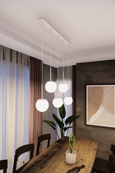 avizade Dora Modern Sıralı Avize - Beyaz Metal, Beyaz Cam, 5'li Sarkıt, E27 Duy, Yemek Masası Aydınlatması