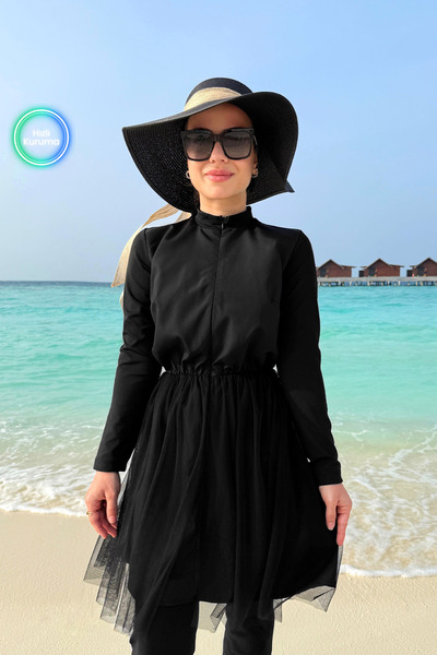 Ka Hijab Eteği Tüllü Tam Kapalı 2'li Tesettür Mayo - Siyah