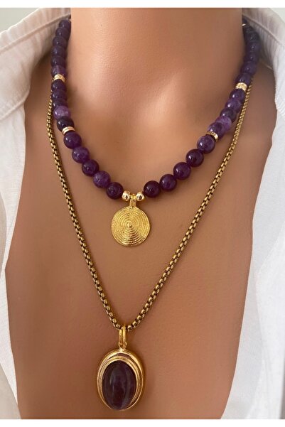 TARZ-I TAKI ( 2 KOLYE ) ÇELİK ve DOĞAL TAŞ Mor Ametist Taşı Çelik Zincir Altın Kaplama Çerçeveli Uç Kadın Kolye