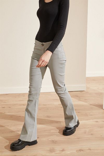 Deriderim Genuine Leather Women's Trousers - Gray, Flare Leg, Unlined, Zippered and Buttoned