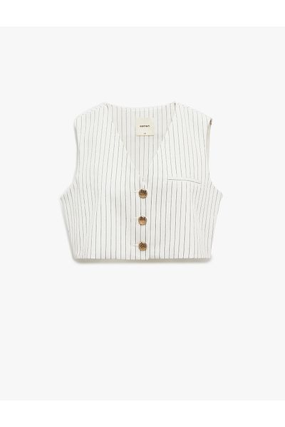 Koton Cotton Buttoned V Neck Sleeveless Striped Crop Blazer Vest