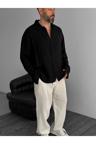 BYBASICMAN Black Muslin Fabric Basic Shirt G-5197/10