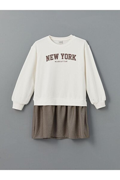 LC Waikiki LCW Kids Ekru Bisiklet Yaka New York Baskılı Kız Çocuk Elbise