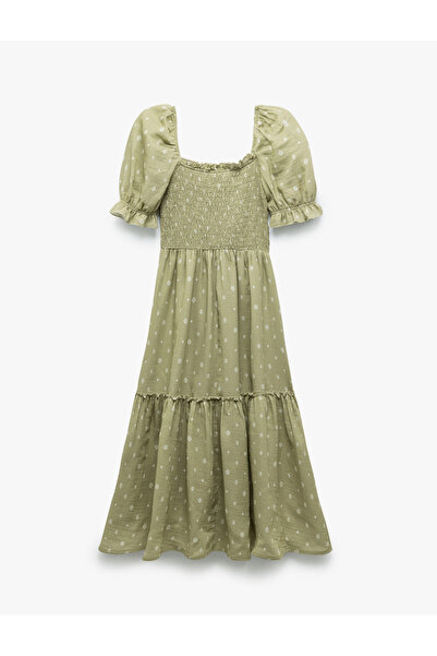 Koton Pamuklu Kısa Balon Kollu Gipeli Puantiyeli Katlı Uzun Elbise