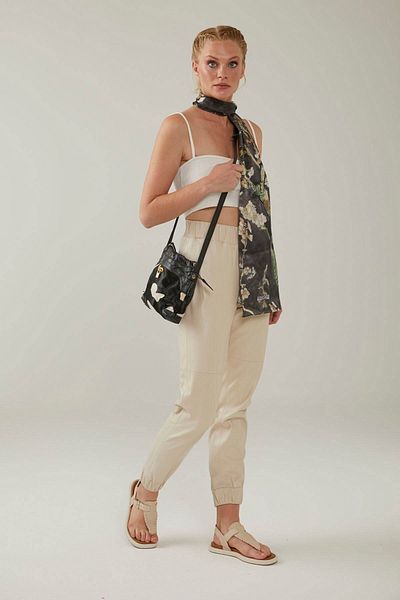 Deriderim Beige Women's High Waist Genuine Leather Trousers with Elastic Waist and Pocket