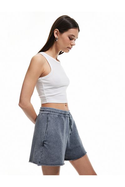 Koton Cropped Leg Cotton Washed Elastic Waist Mini Shorts