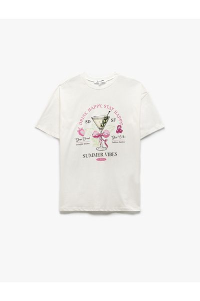 Koton Bow Fruit Printed Short Sleeve Cotton Crew Neck Oversize T-Shirt