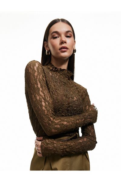 Koton Skinny Fit Semi Transparent Long Sleeve Stand Collar Lace Body