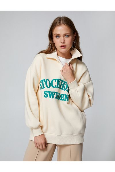 Koton Polo Neck Embroidered Oversize Sweatshirt - Ribbed, Long Sleeve