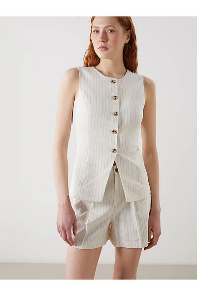 LC Waikiki Beige Crew Neck Striped Linen Blended Women's Classic Vest