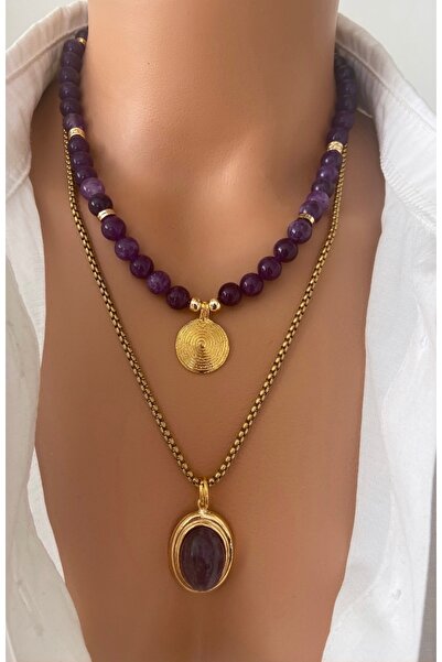 TARZ-I TAKI ( 2 KOLYE ) ÇELİK ve DOĞAL TAŞ Mor Ametist Taşı Çelik Zincir Altın Kaplama Çerçeveli Uç Kadın Kolye