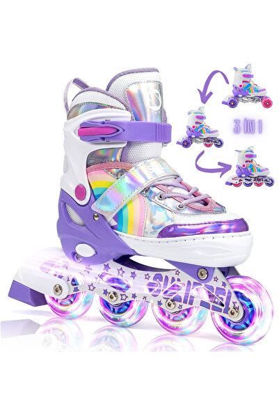 Sportaj Unicorn Işıklı Paten 2+2 Gökkuşağı Kız Çocuk Pateni Silikon Teker,Taşıma Çantalı 3 in 1 Teker